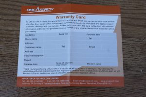 OrcaTorch D520 Warranty Card
