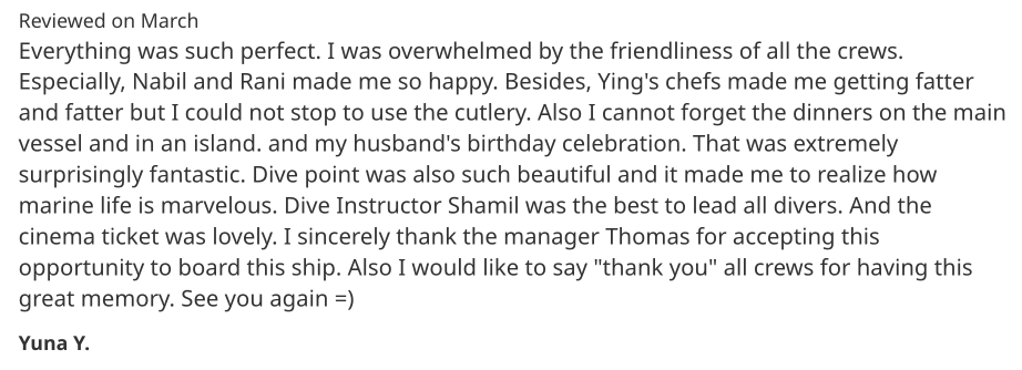 A Customer Review for the Ying Liveaboard