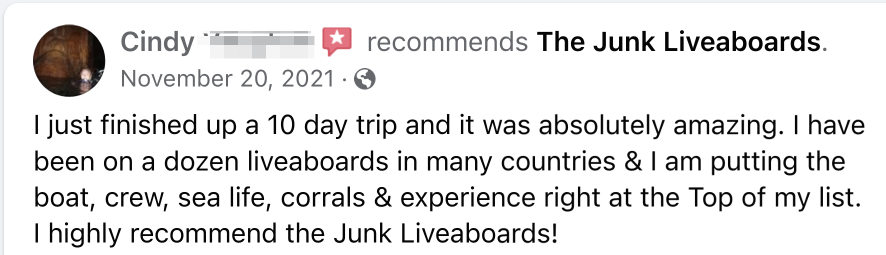 This guest highly recommends The Junk Liveaboard