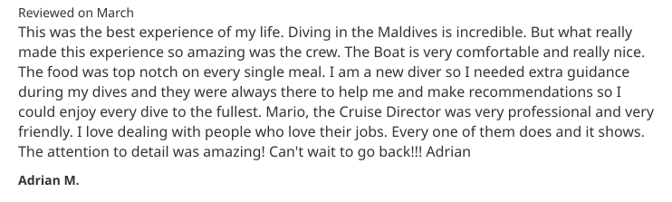 Customer review from the Yang Liveaboard